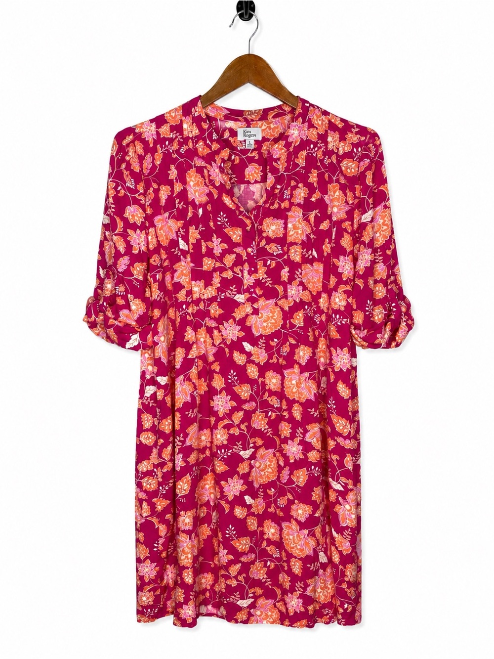 Kim Rogers XL Pink Orange Floral Rayon Roll Tab Sleeve Shift Dress